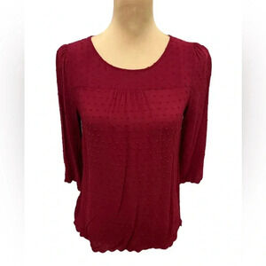 Anthropologie Maeve Women's Swiss Dot Blouse Size 6 Maroon Scalloped Edge